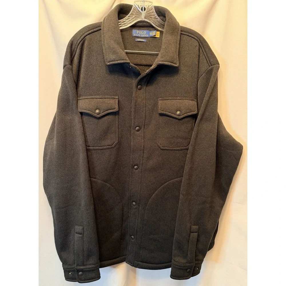 Polo Ralph Lauren Men's 2XL Brushed Fleece Shirt Jacket Black Red Logo Snaps